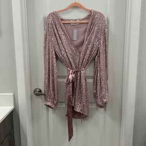 Pink/purple sequin dress. Long sleeve. Tie waist